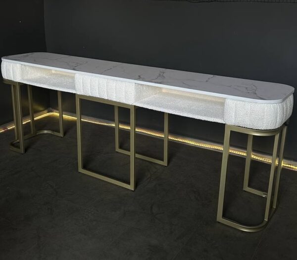 Стіл манікюрний Art Lux Double — білий мармур, тканина тедді, золоті ніжки