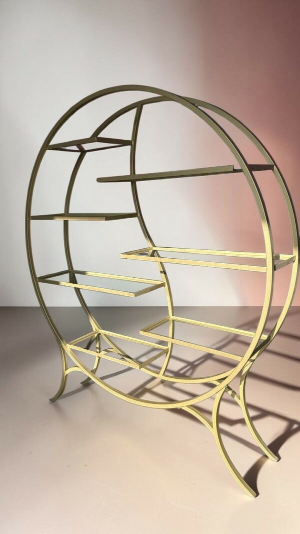 Стелаж круглий золото зі скляними полицями 150×172 | Декоративний стелаж loft