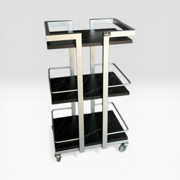 Візок косметологічний Loft 01 срібло з полицями чорний мармур | Візок для салону краси