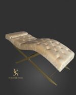 Кушетка Loft для нарощення вій та косметології з каретною прошивкою, бежевий велюр, золота металева основа